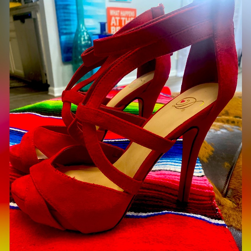 Red strappy faux suede stiletto heel 7 1/2